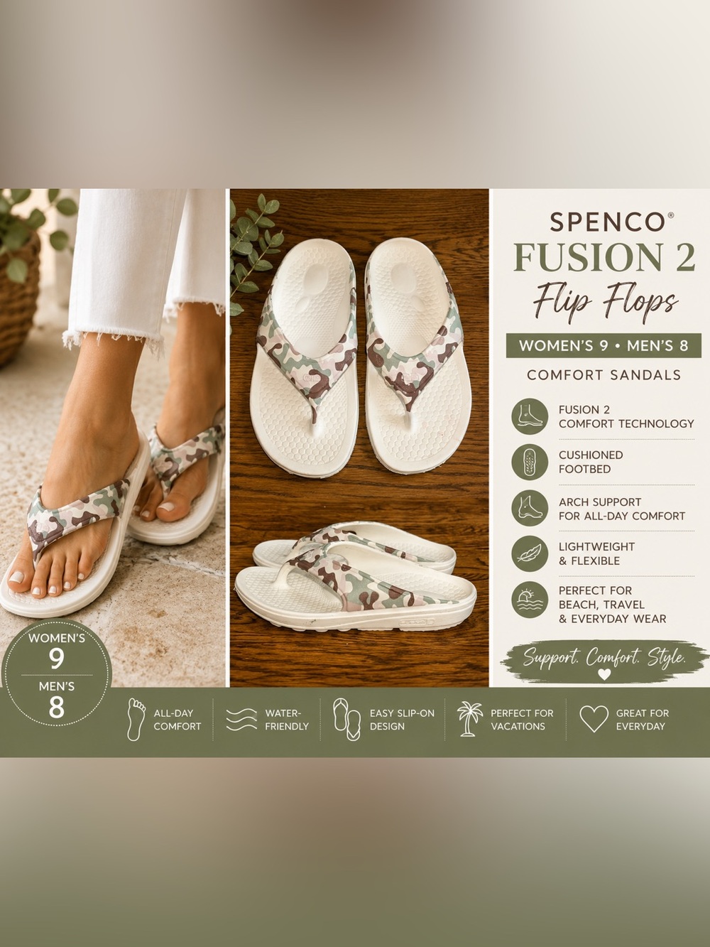 Spenco Fusion 2 Camo Flip Flops Comfort Women’s 9 Men’s 8 Beige Thong Sandal